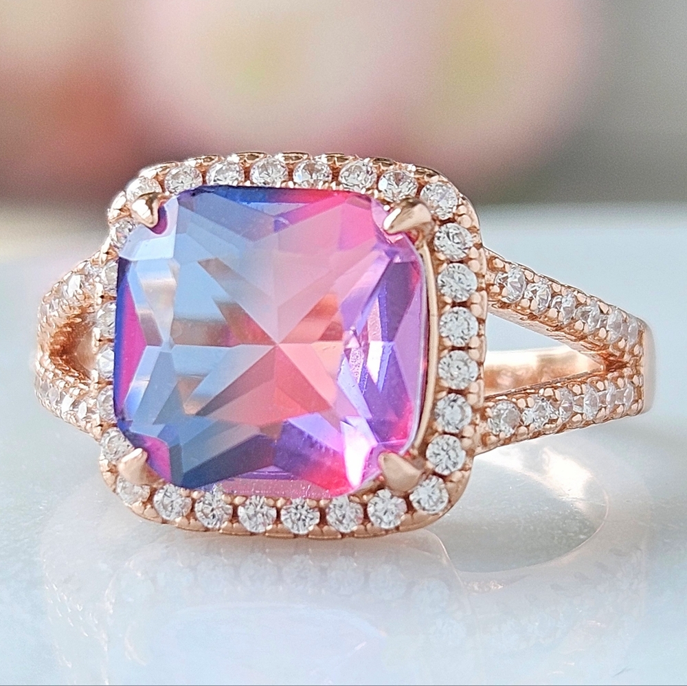 Rose Gold Ring, pink and blue tourmarine gemstone, 925 Sterling Silver